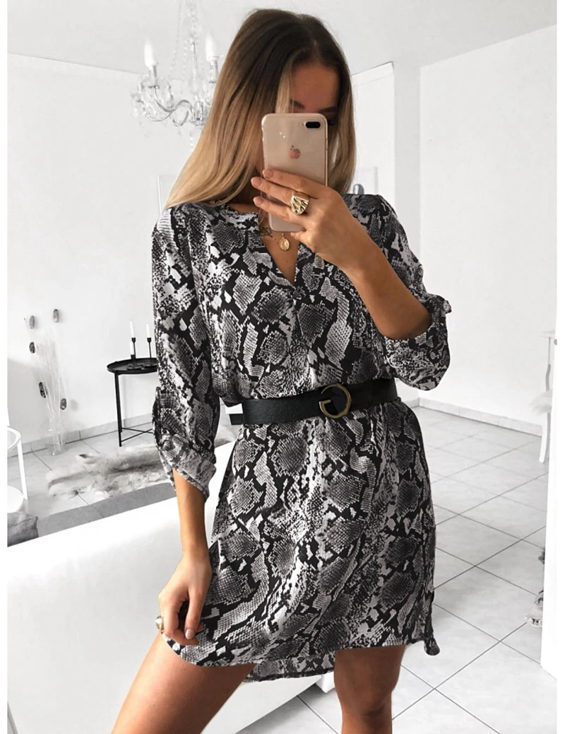 

Women Autumn Spring Dress Sexy V-Neck Snake Print Party Dresses Vintage Seven-Quarter Sleeve Leopard Dress Snakeskin Dress