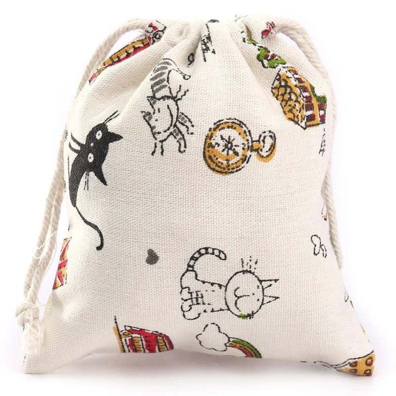

Storage Cotton Linen Cartoon Cat- Style Bags Drawstring Sack Tea Gift Bag Small Beam Rope Pouches Home Decor Handbags (Cat) 2