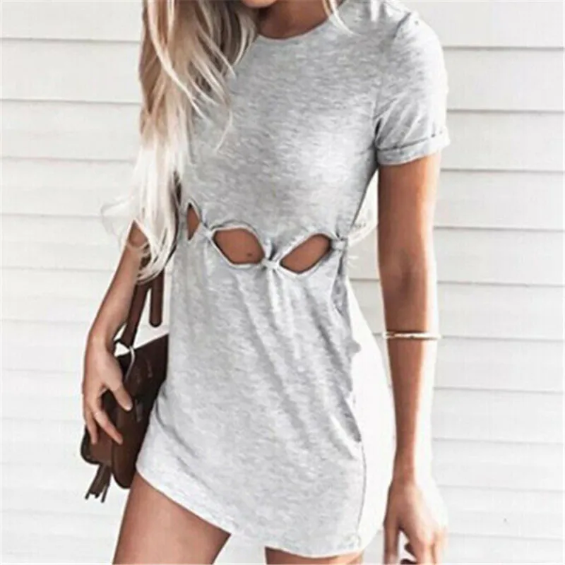 

Trendy Women dress round neck Casual Short Sleeve Hollow Out Sexy Bodycon Party cotton Mini Dresses one pieces