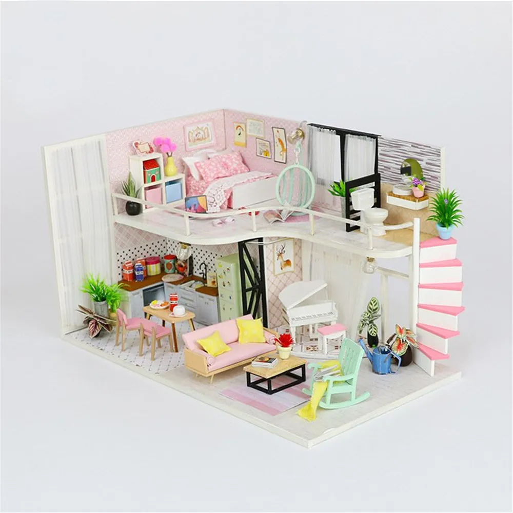 

DIY Miniature Dollhouse Toys For Children Pink Melody Handmake Wood Kids Doll House With Dust Cover Decoration Adult Gift Toy