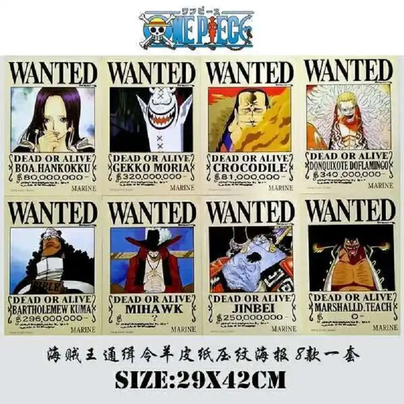 8 Pcs Set One Piece Poster Anime One Piece Figure Wanted Moria Crocodile Doflamingo Kuma Hankokku Dead Or Alive 42x29cm Toy Action Toy Figures Aliexpress