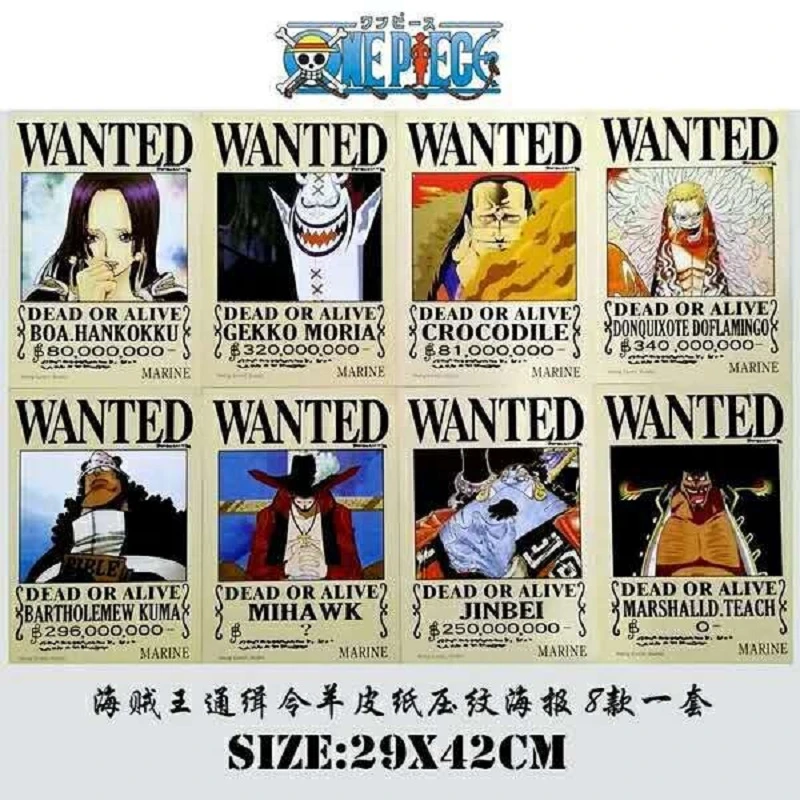 8 Pcs Set One Piece Poster Anime One Piece Figure Wanted Moria Crocodile Doflamingo Kuma Hankokku Dead Or Alive 42x29cm Toy Action Figures Aliexpress