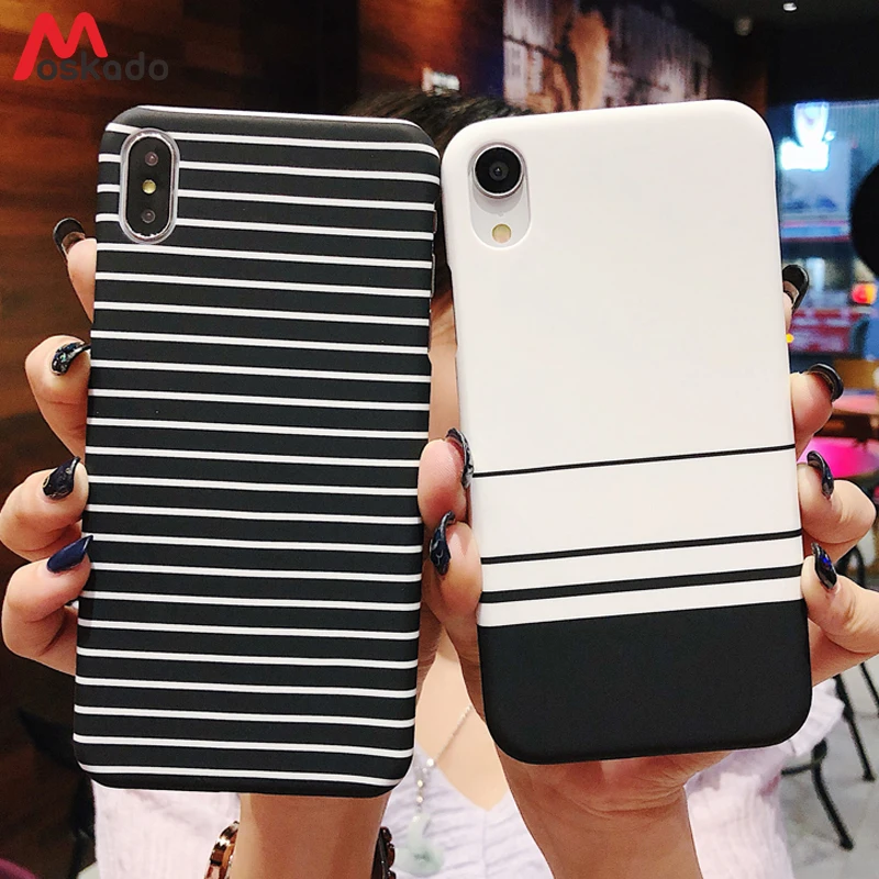 Moskado مخطط جراب هاتف ل iphone XS ماكس XR X 7 زائد الأزواج الطازجة أسود أبيض الشبكة ل iphone 8 6 6 s زائد 5 5 5 s الصلب غطاء