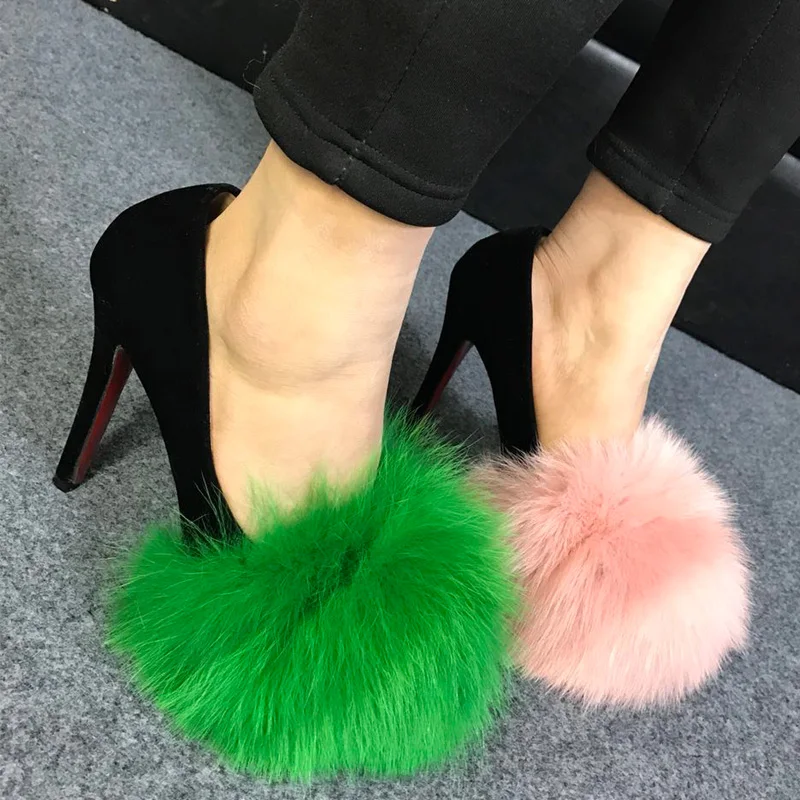

Sexy Ladies Fox Fur Big Ball Low Cut Pumps Women Fur Decor toe Spring Fashion 12 cm High Heels Real Fur Pump Shoes