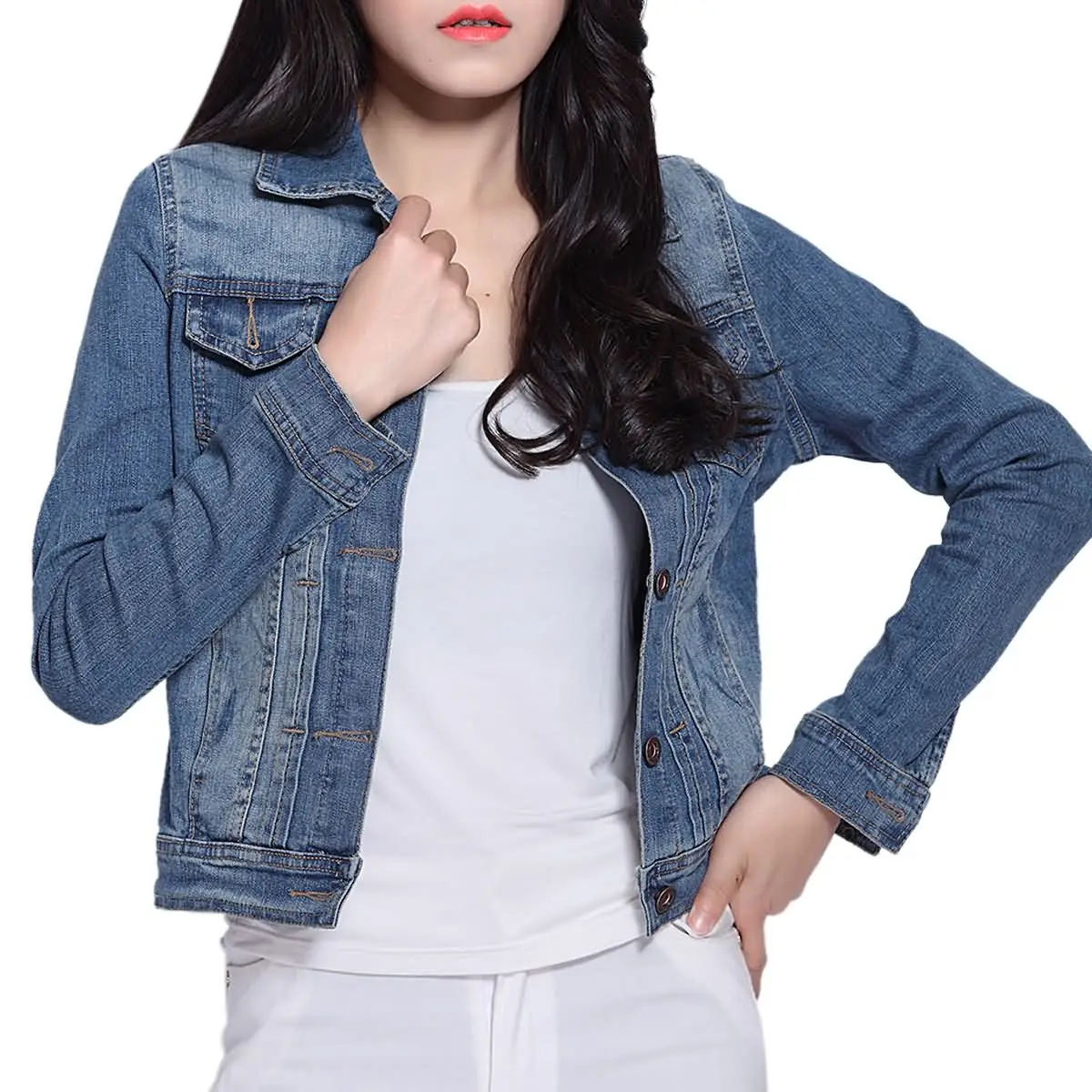 

Women Short Basic Jeans Jacket Coat Bleach Long Sleeves Single Breast Slim Women Cowboy Denim Jacket Topcoat Cardigan On Sale