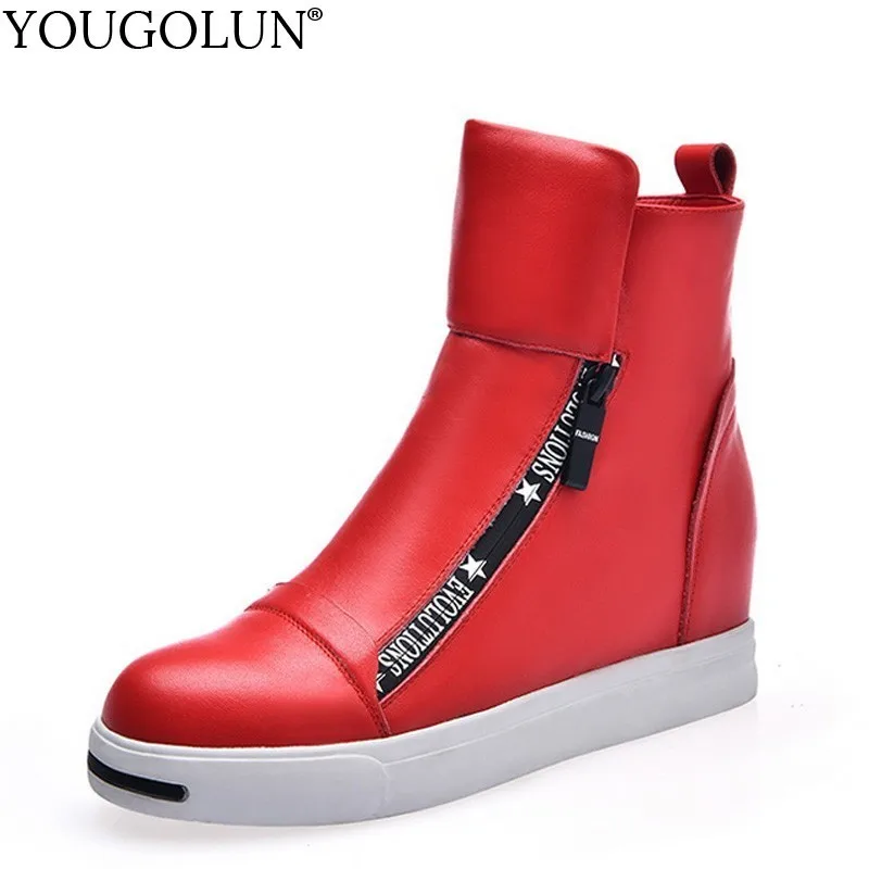 

Cow Leather Wedges Ankle Boots Women Spring Autumn Lasdies High Heels A212 Casual Woman Red White Wedge Platform Round Toe Shoes