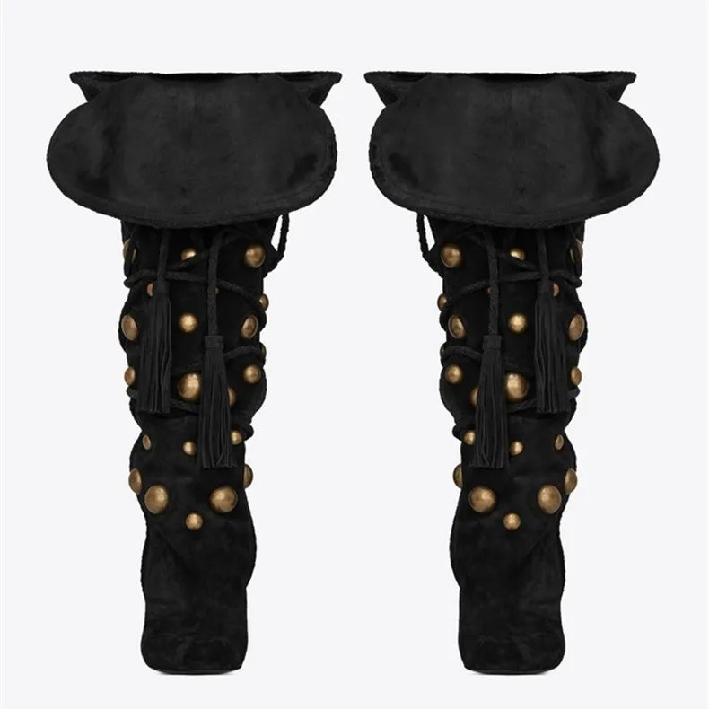 Moda Super Tacones Encaje Botas Correa Decoración Black De Altos Cuadradas Las Mujeres Pista 2019 Damas Tobillo Abesire Vestido Metal Largo EOSq61