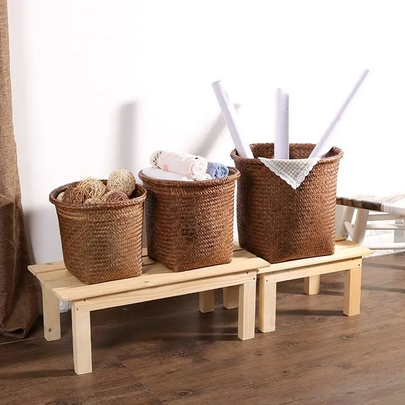 

Straw Non-rat Round Flower Pot Set Storage Basket Hamper Trash Can Garden Woven Storage Laundry Basket Organizer