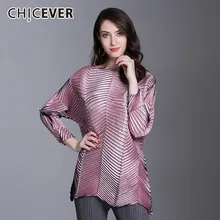 CHICEVER осень женские Топы И Футболки с круглым вырезом с длинным рукавом свободные нерегулярные подол тиснение оверсайз женские футболки мода прилив