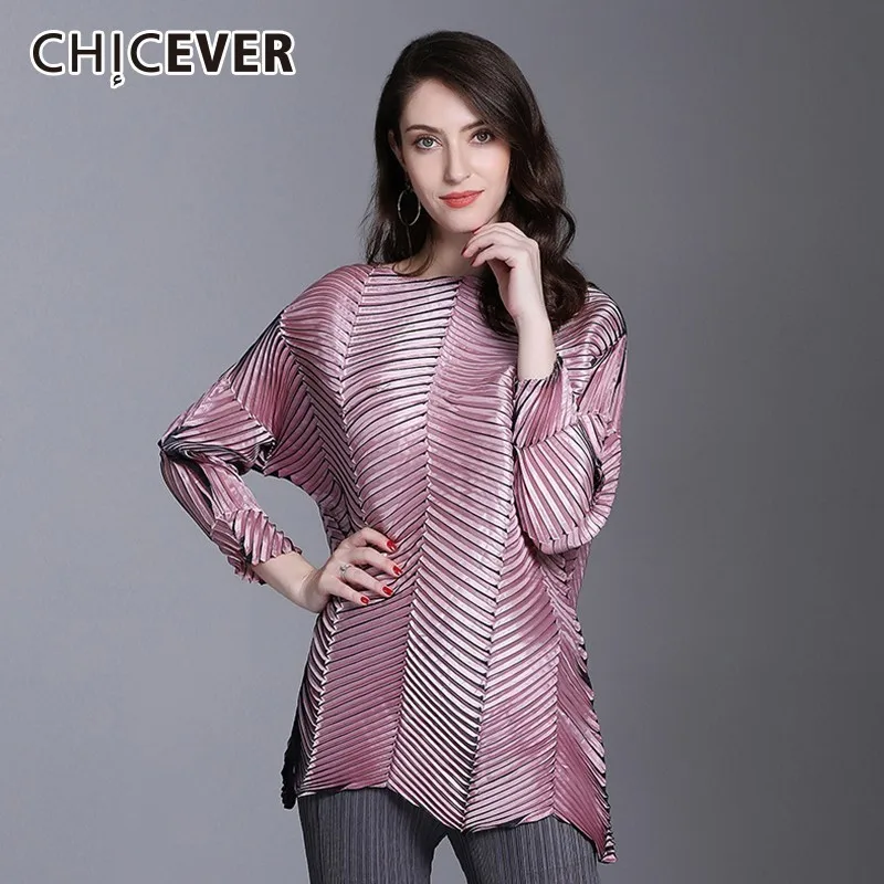 

CHICEVER Autumn Women Tops And T-shirts O Neck Long Sleeve Loose Irregular Hem Embossing Oversize Women's T-shirts Fashion Tide
