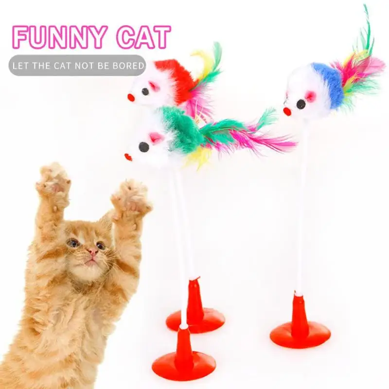 

2Pcs Elastic Rotating Feather False Mouse Bottom Sucker Toys Funny dog Cat Catcher Teaser Toy Kitten Playing Pet Toy Cat Product