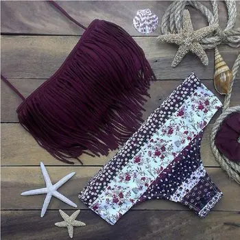 

Women Purple Tassel Lingerie Sets Ladies High Waisted Padded Push Up Halter 2Pcs Bra Set Summer Sexy Bra and Panties