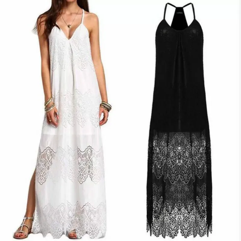 

2019 Summer Fashion Lace Sexy Long Women Holiday Beach Sundress Spaghetti Strap Black White V-neck Maxi Dress Elegant Female