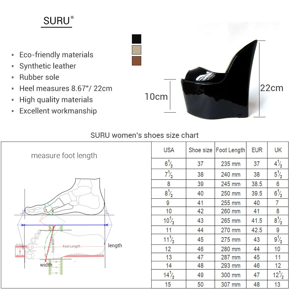 SURU/9 дюймов/22 см Ультра Высокий каблук Платформа клинья тапочки унисекс для женщин и мужчин лакированные блестящие черные Larrge размер обуви европейские размеры 45, 46, 44