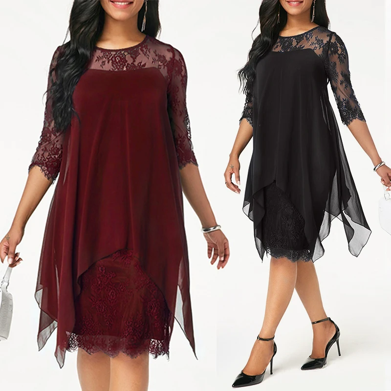 

Eskulla Solid Women Chiffon Dress New Fashion Chiffon Overlay Three Quarter Sleeve Stitching Irregular Hem Lace Dress Plus Size