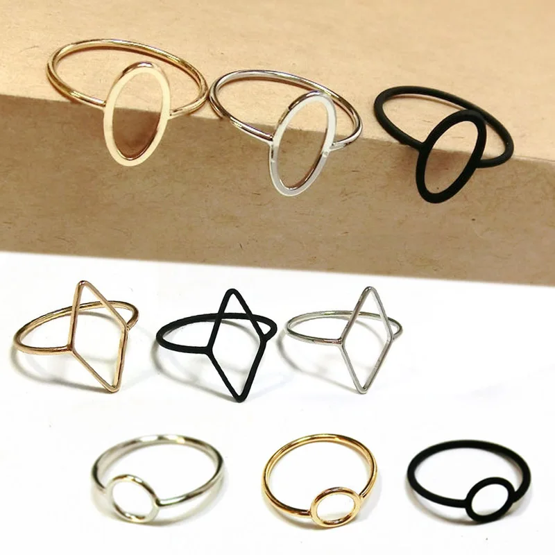 

Girls Geometric 1PC Ring Beautiful Oval Gifts Golden Seaside Valentines Gift Hollow Out Round Silver Exquesite Rhombus Black