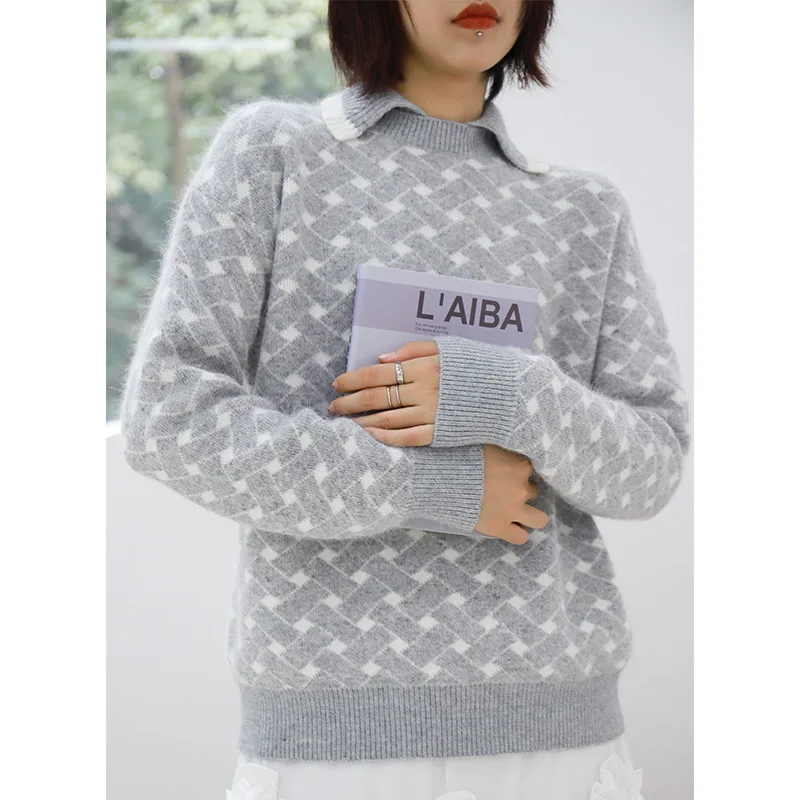 A Generation of Fat Sweater Female 2018 Autumn And Winter Mink Plaid Long-Sleeve Sweater Fresh Lapel Sweater Female 5173 A Generation of Fat Sweater Female 2018 Autumn And Winter Mink Plaid Long-Sleeve Sweater Fresh Lapel Sweater Female 5173