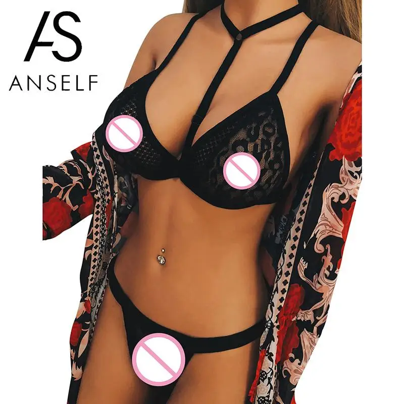 

2019 Exotic Lingerie Set Women Two Piece Bra Set Bralettes Thong See Through Mesh Lace Halter Neckline Bandage Underwear female
