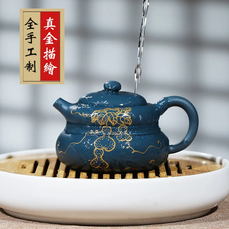 

Ore Mud Trace A Design In Gold Gourd Dark-red Enameled Pottery Teapot Gold Full Manual Household Light Teapot Kung Fu Tea Have
