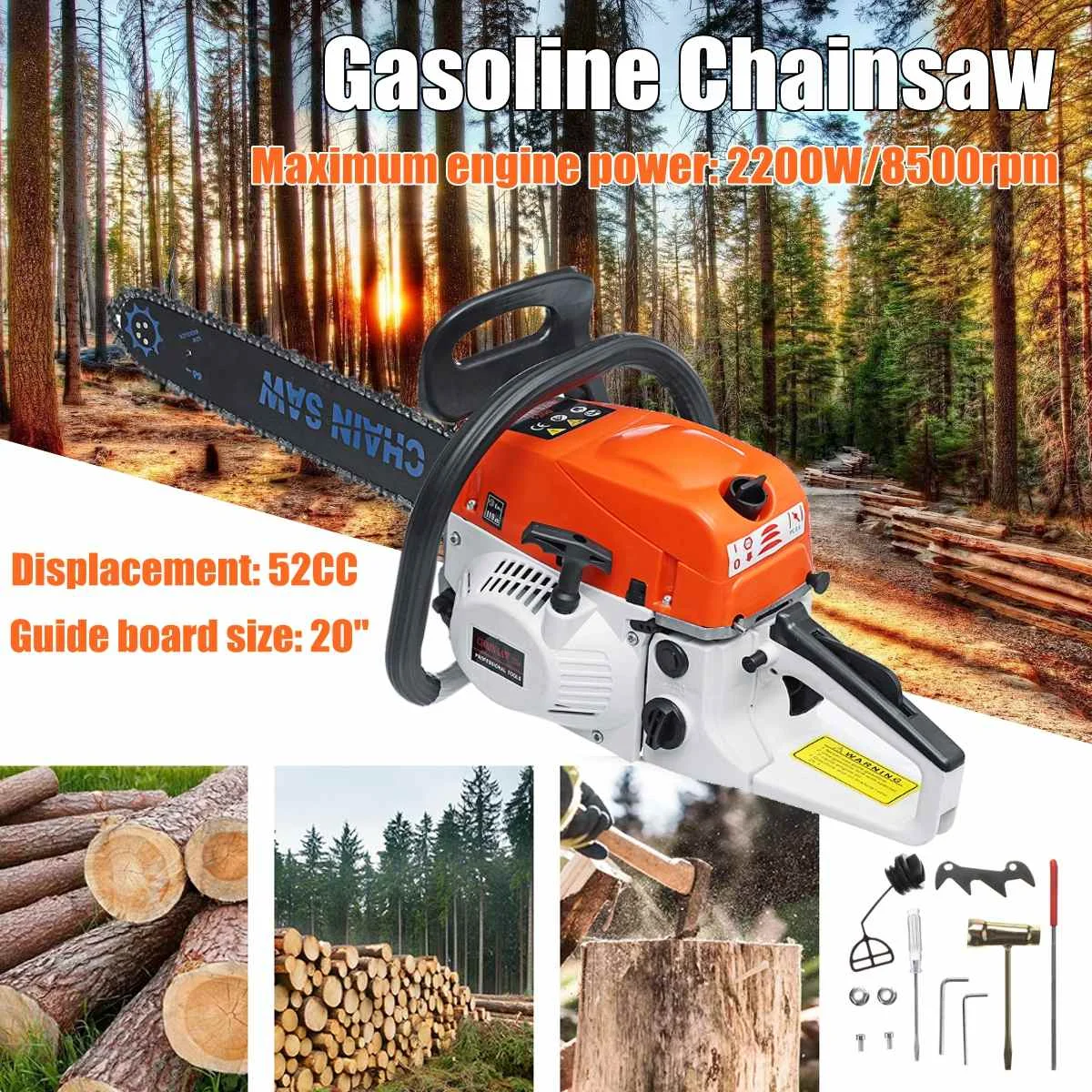 

2200W/8500rpm Electric Gasoline Chainsaw Handed Power Saw Woodworking Wood Cutting Sharpening Grinding Machine 20Inch