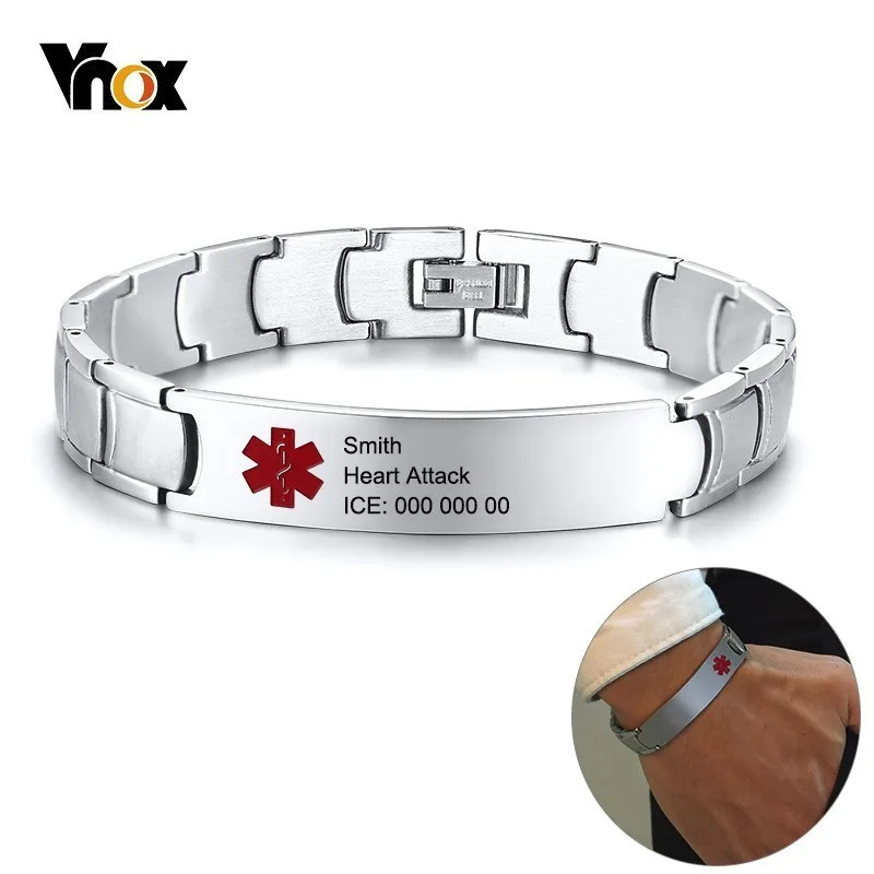 

Vnox Free Custom Mens Medical Alert ID Bracelets Stainless Steel Link Chain Diabetes Epilepsy Autism Emergency Reminder Jewels