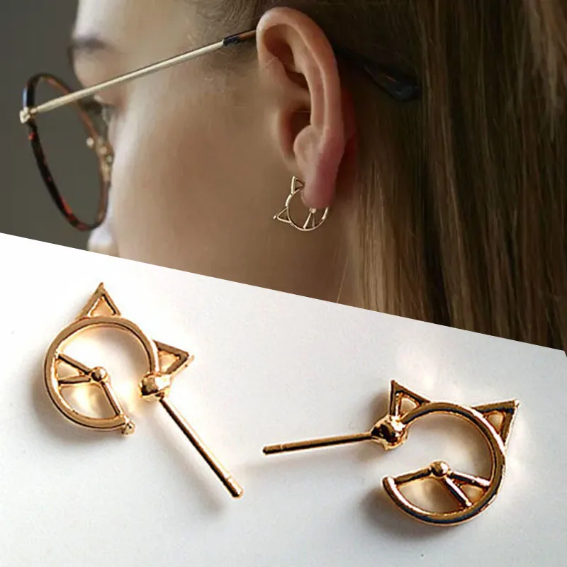 

Cute Small Cat Student High Quality Silver Fashion Jewelry 1Pair Valentines Gift Hollow Out Girls Golden Studs Earring Graceful