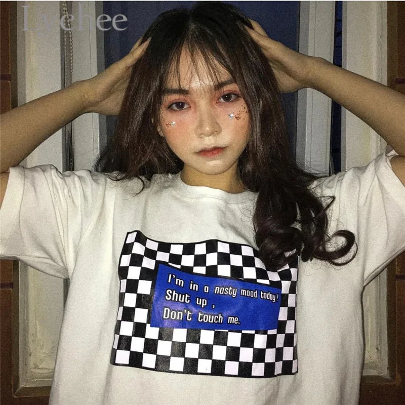 Lychee Harajuku клетчатая женская футболка с буквенным принтом Повседневная Свободная