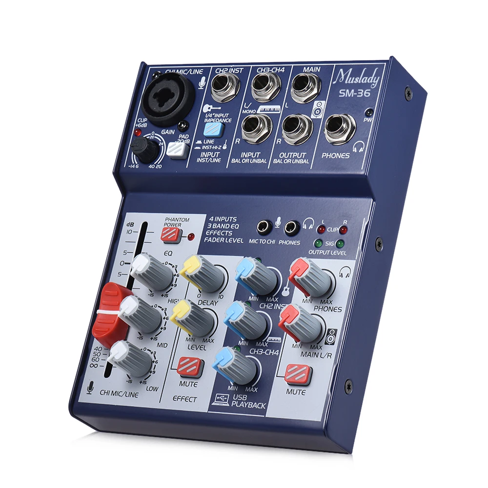 

Muslady SM-36 4-Channel Digital Mixer Audio Sound Card Mixing Console Supports 5V USB Power Supply Built-in 48V Phantom Power