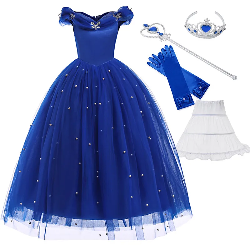 Нарядное платье принцессы синего цвета вечерние платье до лодыжки для девочек Длина с открытыми плечами Жемчуг бальное платье детский костюм для хеллоуина Косплэй одежда в стиле Золушки