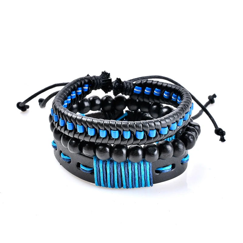 

Multilayer Bracelet Men Casual Fashion Braided Leather Bracelets For Women Wood Bead Bracelet Punk Rock Men Jewelry Blue