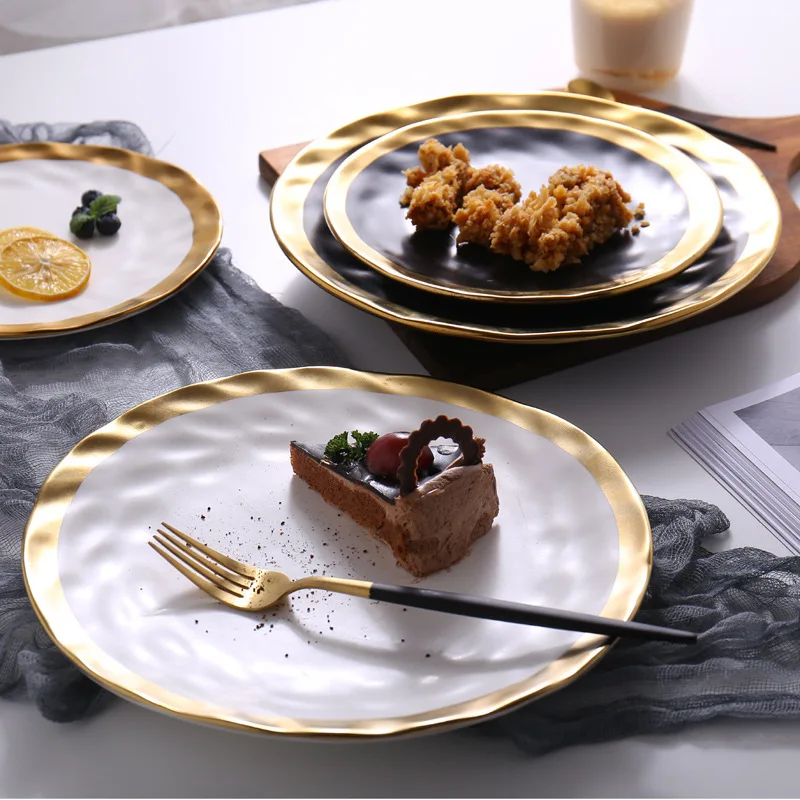 

8inch 10inch Gold Ceramic Plate Dish White Black Tableware Set Porcelain Jewelry Luxury Service Plate Tray Sets Kitchen Toos