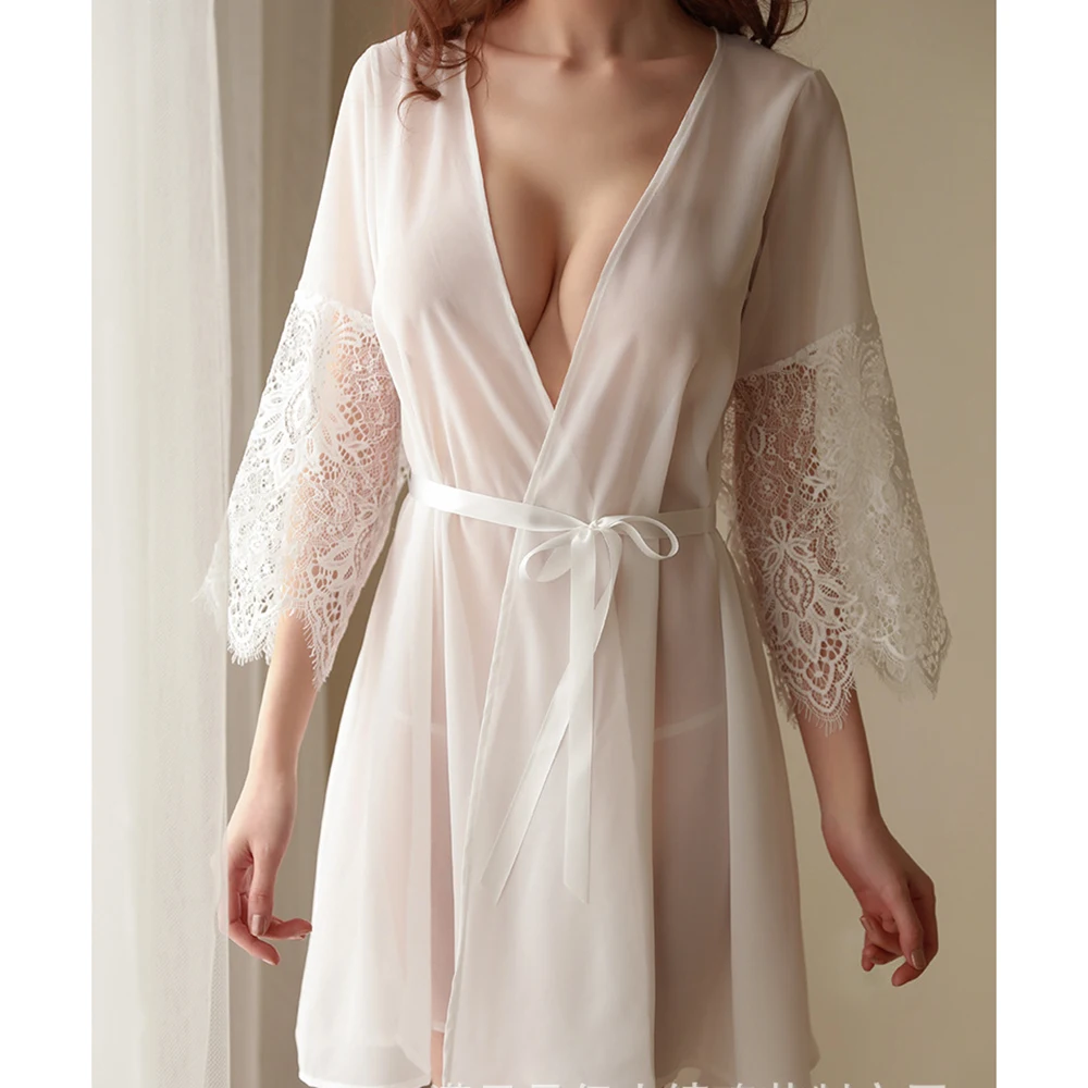 

One Size Fashion Women Sexy Mesh Night Skirt Robe Lace Long Sleeve Cardigan Nightgown Set Home Dress White Robes
