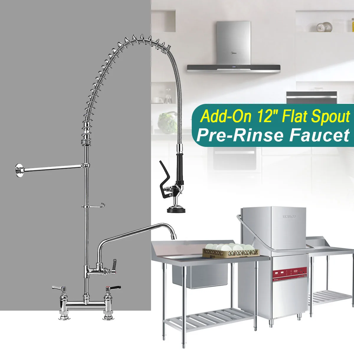 

Kitchen Pre-rinse Spring Mixer Faucet Rotatable Dual Spout Sink Pull Down Chrome Finish Handheld Sprayer Deck Mounted