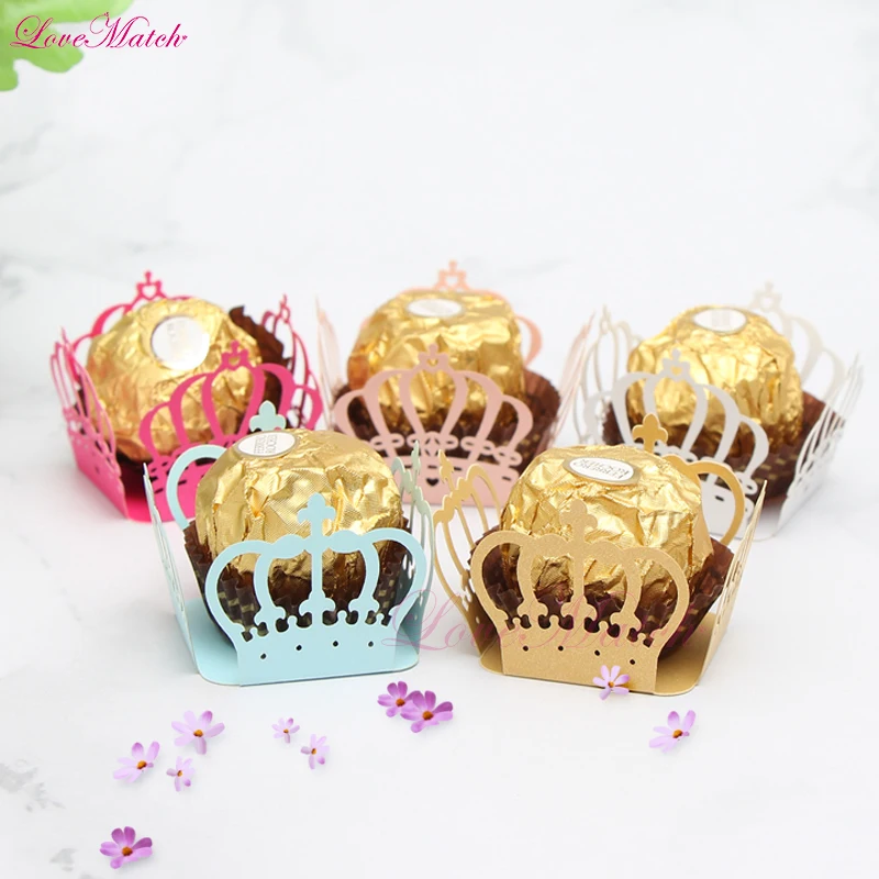 

50pcs/lot Laser Cut Crown Heart Candy Bar Box Kid Birthday Party Chocolate Bar Wedding Baby Shower Party Candy Box Wedding Favor