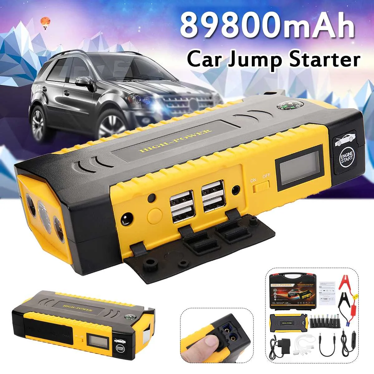 

89800mAh Portable Car Jump Starter Booster 4USB LCD Emergency Charger Battery Multifunction Power Bank for Diesels Car Vehicle