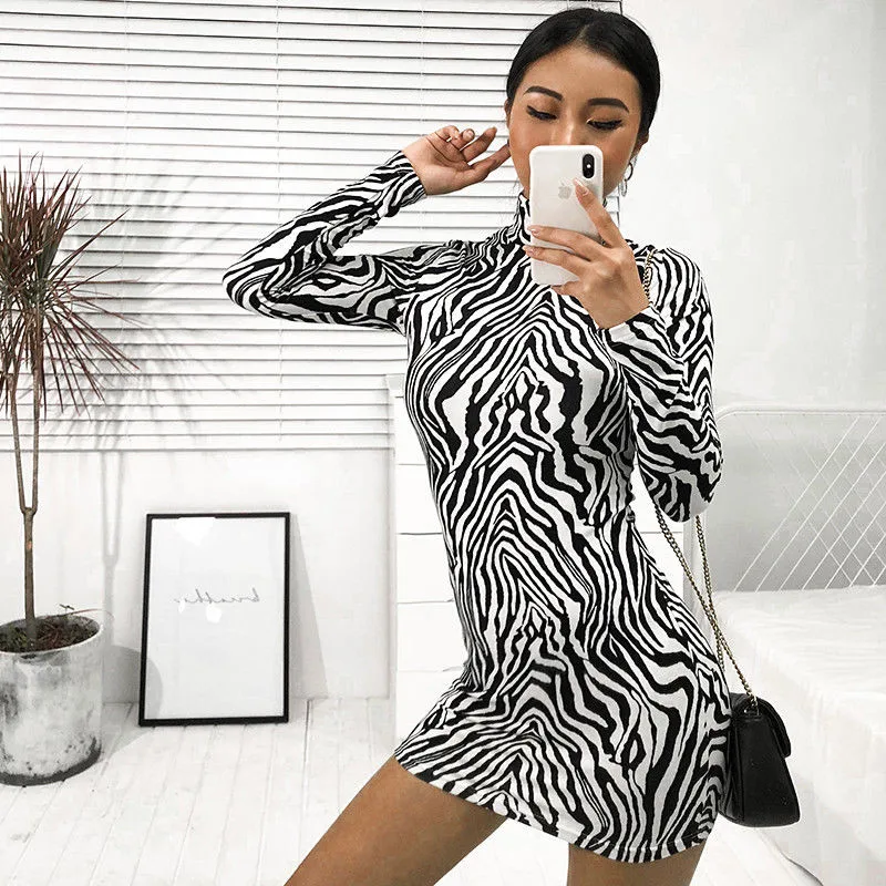 2019 Fashion Zebra Print Women Sexy Party Dress Long Sleeve Club Mini