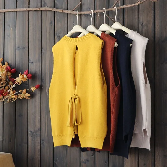High Quality Autumn O-Neck Loose Vests Women Back Lace-Up Knitted Waistcoat Casual Solid Thin Sleeveless Pullovers High Quality Autumn O-Neck Loose Vests Women Back Lace-Up Knitted Waistcoat Casual Solid Thin Sleeveless Pullovers