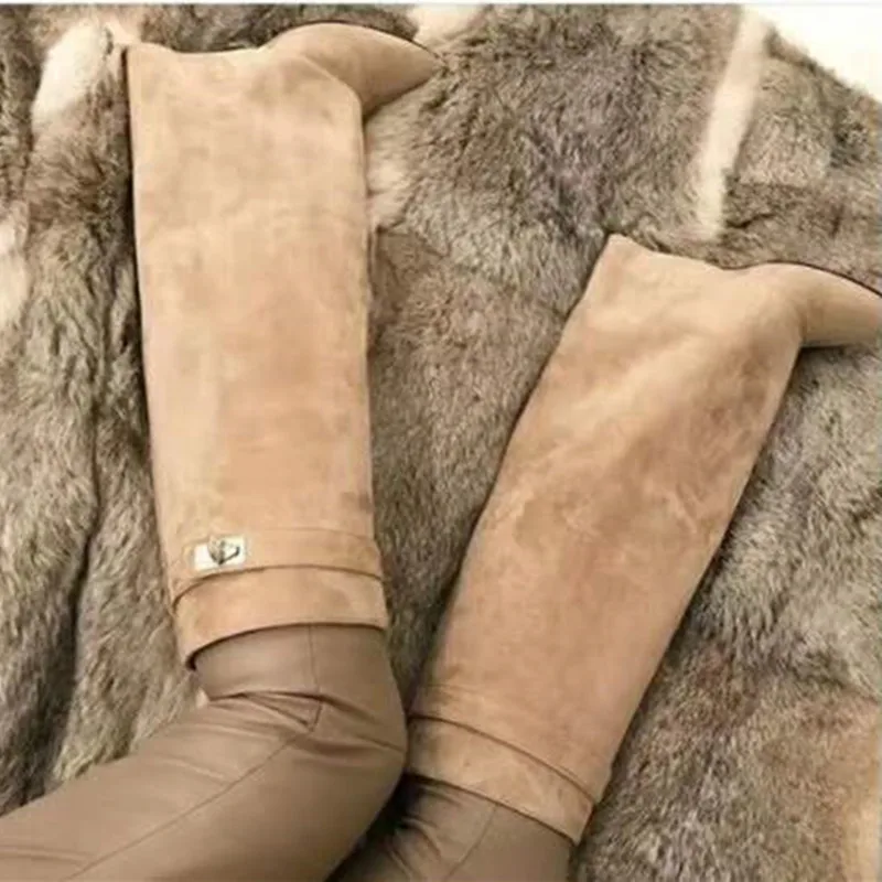 

New Colors Beige Red Suede Pant Shark Lock Suede Wedge Boots High Heels Knee Boots Genuine Leather Long Woman Boots Winter