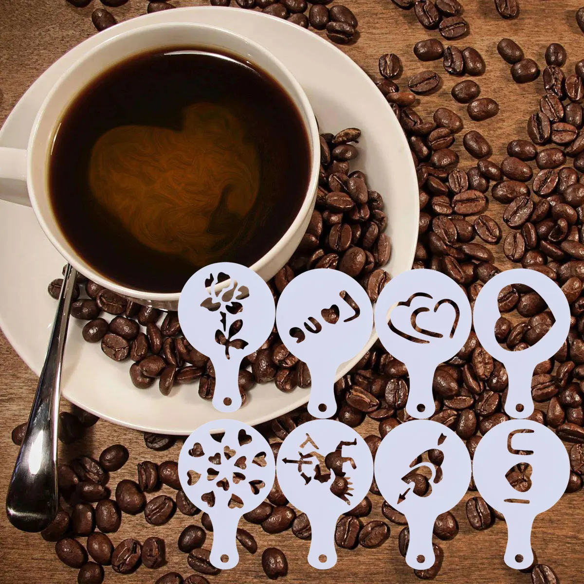 

8 Pcs Coffe Mold Patterned Plastic Creative Printing Mold Cake Spray Mold Chocolate Mold for Fondant Sugar Coffee Baking