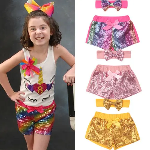 Emmababy Infant Kids Baby Girl Bow-Knot Party Bling Shorts Bottoms Sequin Pants 2PCS Set | Детская одежда и обувь