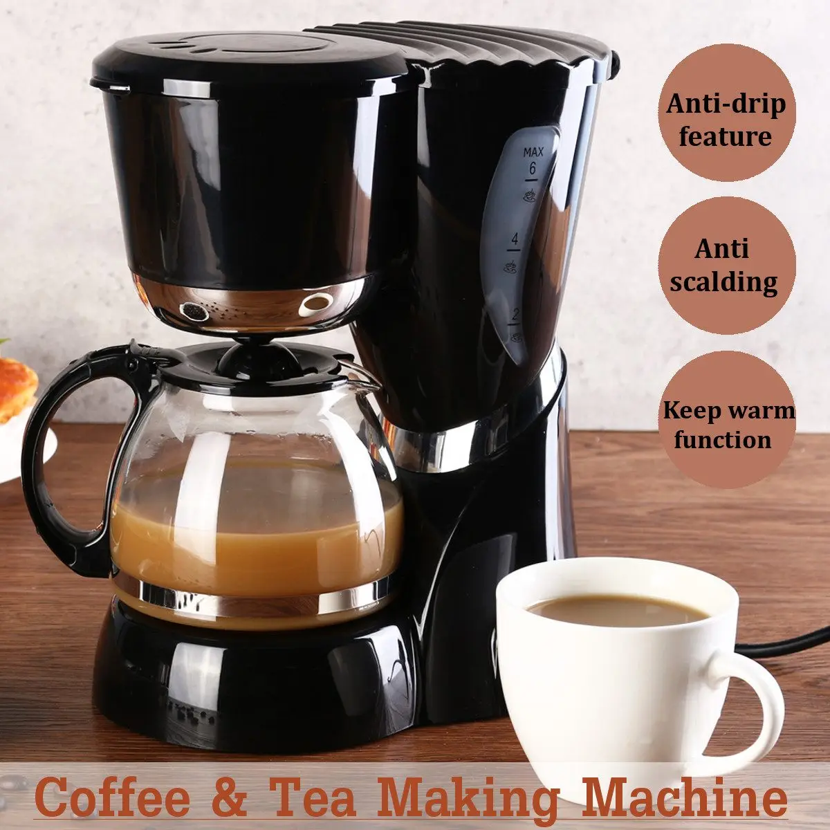 Free Shipping 550W 220V Electric Coffee Maker Machine 600ml 4-6 Cups Tea Drip Coffee Maker Glass Carafe Home Tea Coffee Pot New