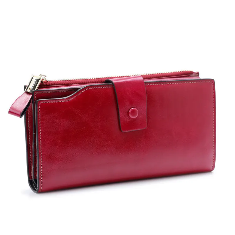 Comprar Cartera de mujer de cuero genuino de moda de bolsillo para teléfono móvil de mujer carteras largas de cuero de cera de aceite de cerrojo de mujer monedero de La Moneda titular de la tarjeta