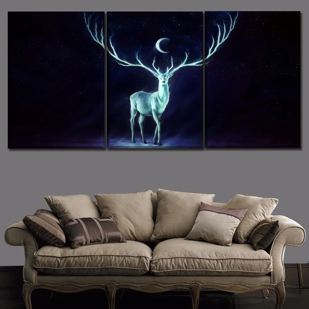 

Modular Canvas Painting Home Decorative Framework 3 Panel Night Moon Animal Deer HornsPoster Popular HD Printed Modern Artwork