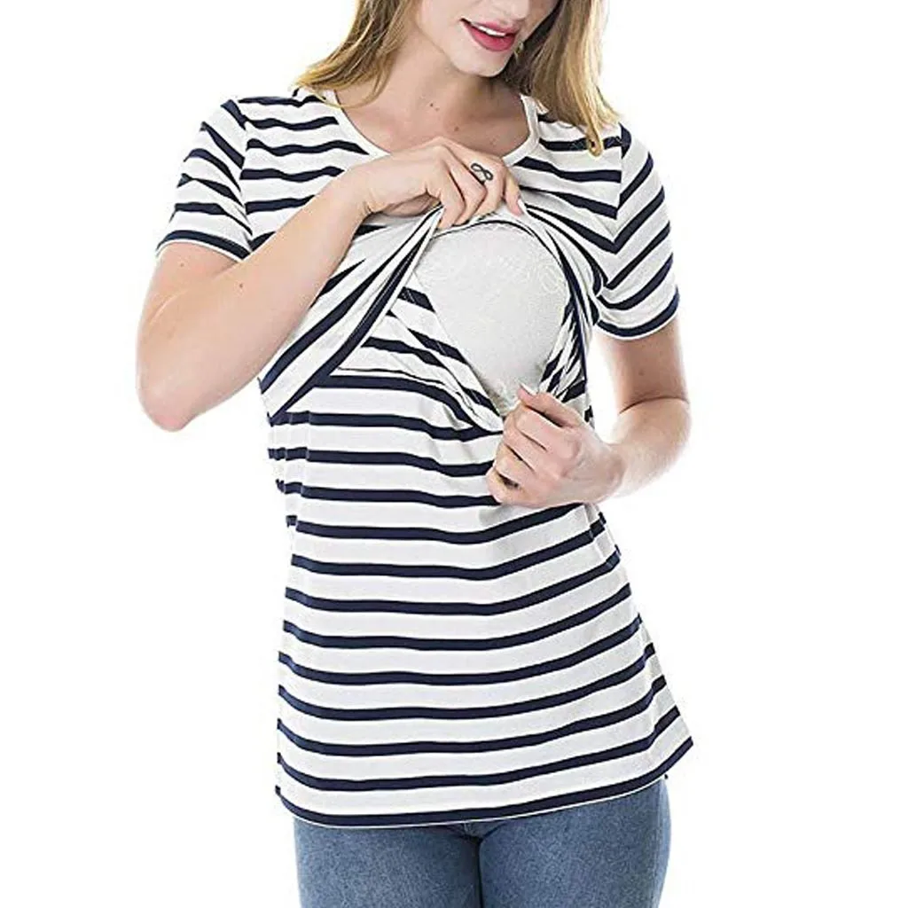 Рубашки для беременных женщин с коротким рукавом в полоску Грудное вскармливание Nusring Одежда для беременных Camisetas De Lactancia рубашка для кормления