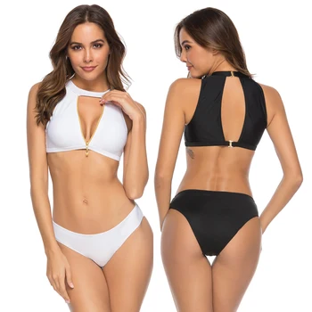 

2019 Hirigin Summer Women Deep-V Solid Bikini Set Push-up Padded Bra Swimwear Swimsuit Triangle Bather Suit