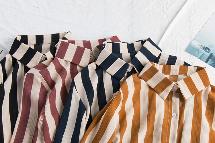  Mooirue Stripe Chiffon Blouse Summer Spring 2019 Office Lady Streetwear Long Student Loose Stripes 