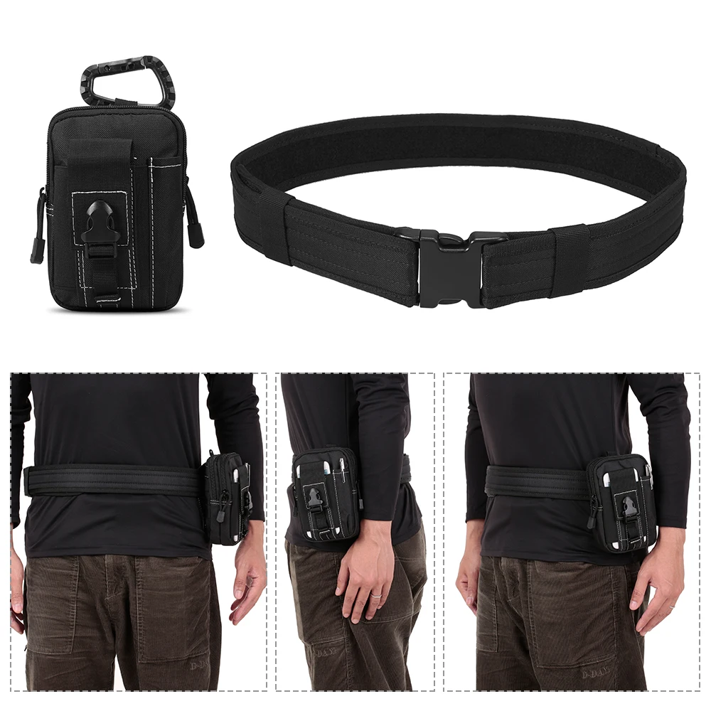 

3 PCS Tactical Waist Belt Molle Pouch Carabiner Set 2.1IN Adjustable Hunting Belt Plastic D-ring Carabiner Clip Waist Support