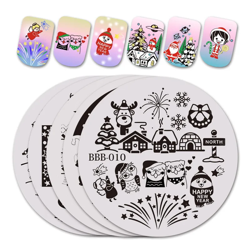 

BeautyBigBang 5pcs/set Nail Stamping Plates Round Christmas snowflake Gift Image Plate for Nail Art Template Stencil for Nail