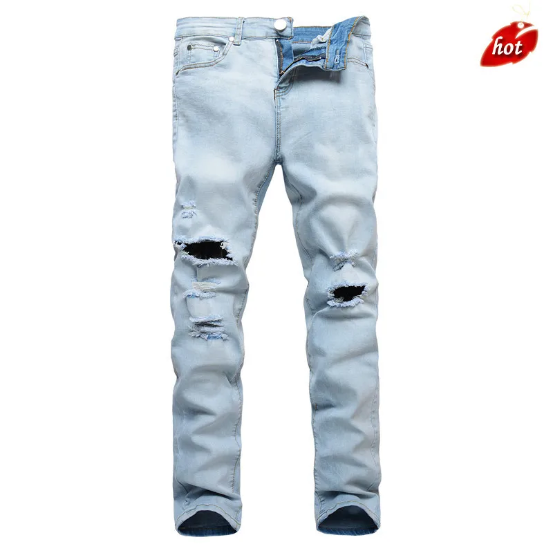 Повседневные мужские прямые узкие джинсы из хлопка высокого качества мужские джинсы из денима рваные джинсы брюки плюс размер O8R2