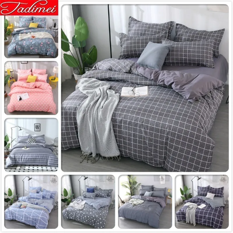 Grey Plaid Quilt Duvet Cover Bedding Set Adult Double Queen King Size